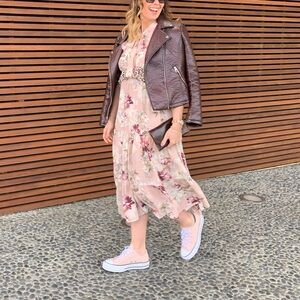 🪅Anthropologie Kachel Sedona Sunrise Silk Midi Dress Sz 10 floral animal print